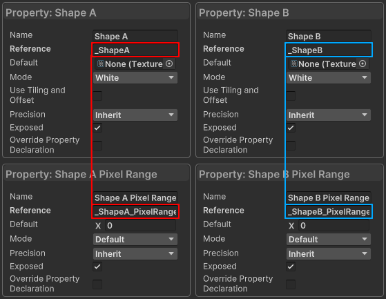 Four shader properties, two textures _ShapeA and _ShapeB, two floats _ShapeA_PixelRange and _ShapeB_PixelRange