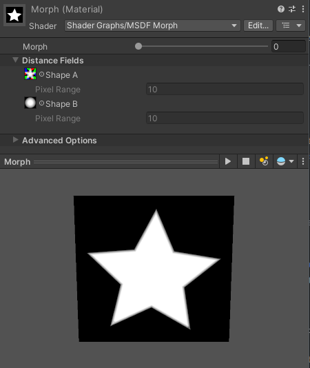 Material editor with example inputs displaying the Shape A in white on black